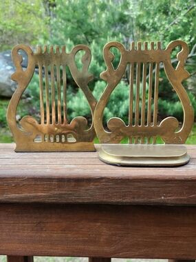 SET OF TWO Vintage Brass Lyre Harp Bookends